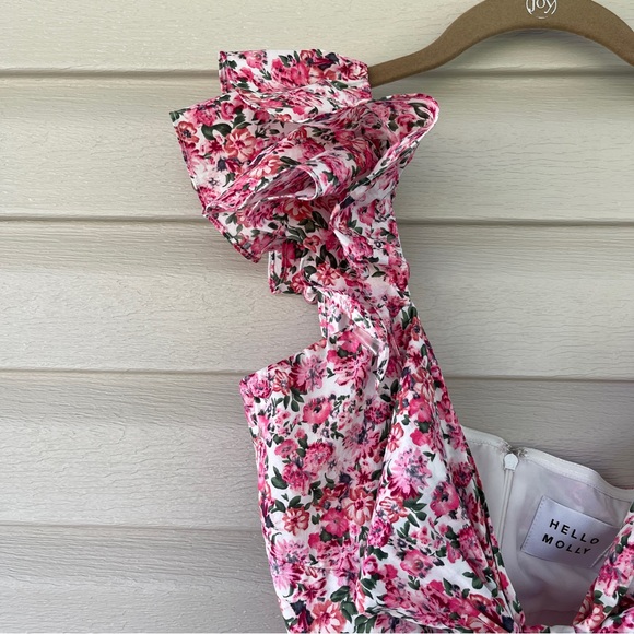 Hello Molly Ruffled Out Floral Pink and White One Shoulder Dress Size 10 NWT - Picture 8 of 14